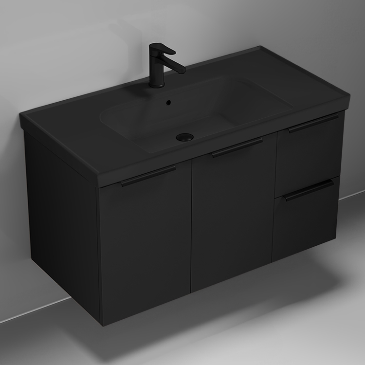 Nameeks FRAME12 36 Inch Black Bathroom Vanity With Black Sink, Wall Mounted, Modern