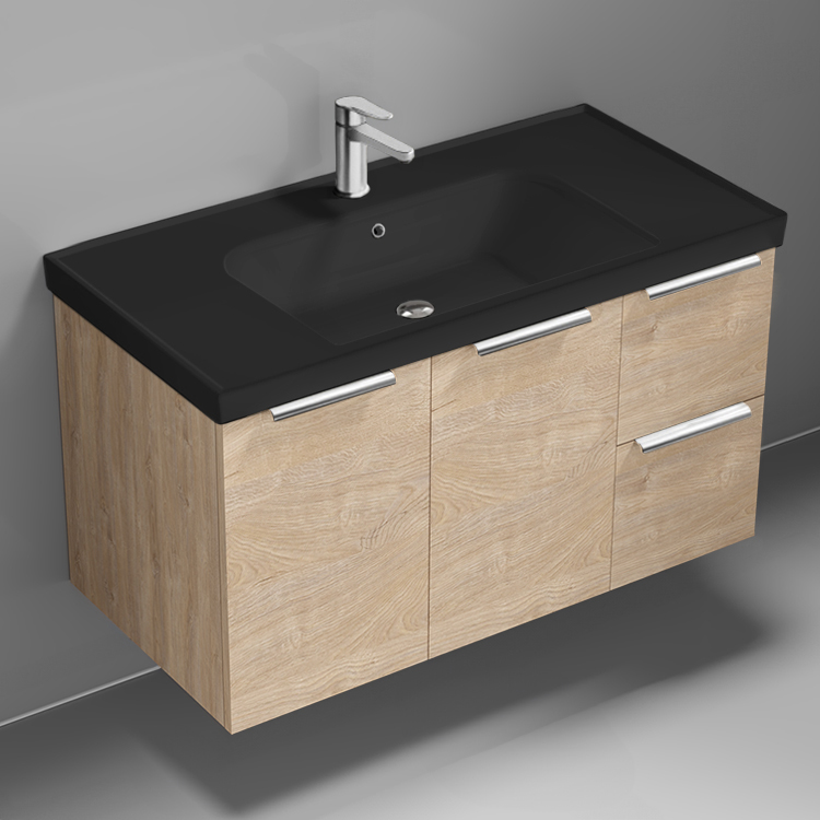 Nameeks FRAME16 Modern Bathroom Vanity With Black Sink, Wall Mounted, Single, 36 Inch, Brown Oak