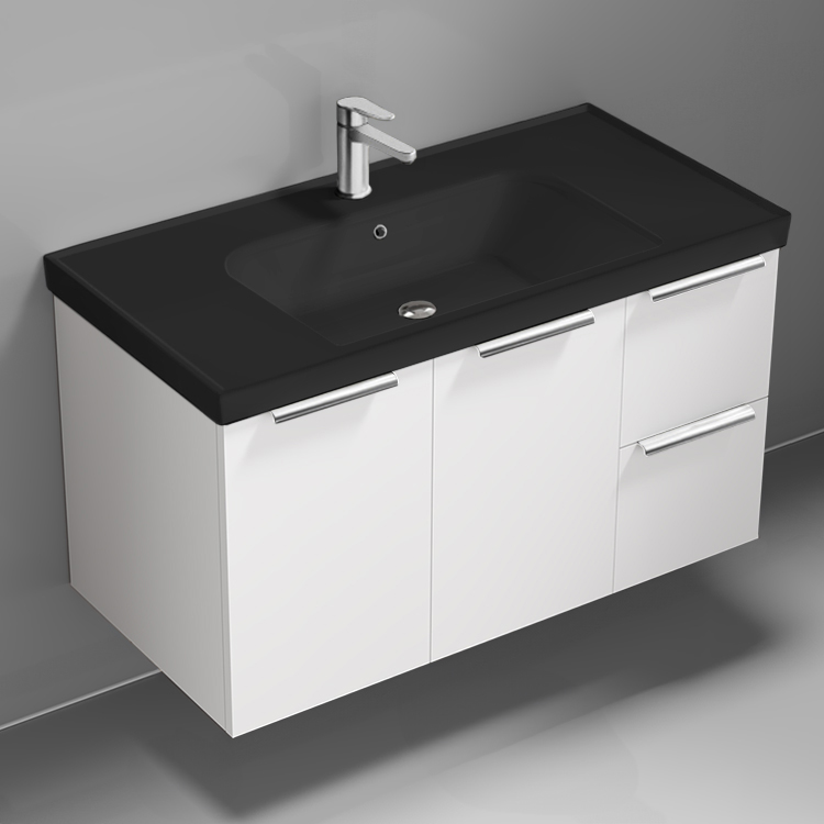 Nameeks FRAME17 36 Inch Bathroom Vanity With Black Sink, Modern, Wall Mount, Glossy White