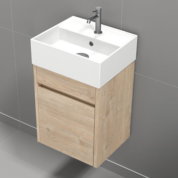 Nameeks MINI21 16 Inch Small Floating Bathroom Vanity, Narrow Depth, Ceramic Sink Top, 1 Door, Brown Oak