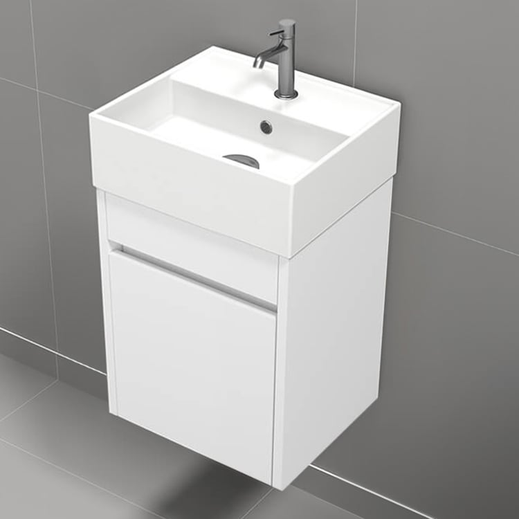 Nameeks MINI22 16 Inch Small Floating Bathroom Vanity, Narrow Depth, Ceramic Sink Top, 1 Door, Glossy White