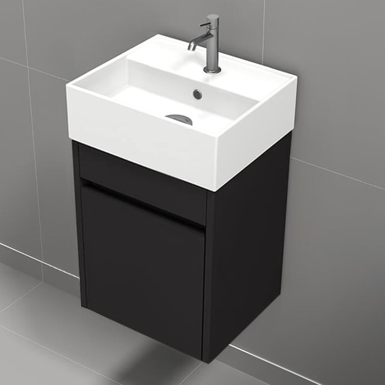 Nameeks MINI23 16 Inch Small Matte Black Floating Bathroom Vanity, Narrow Depth, Ceramic Sink Top, 1 Door