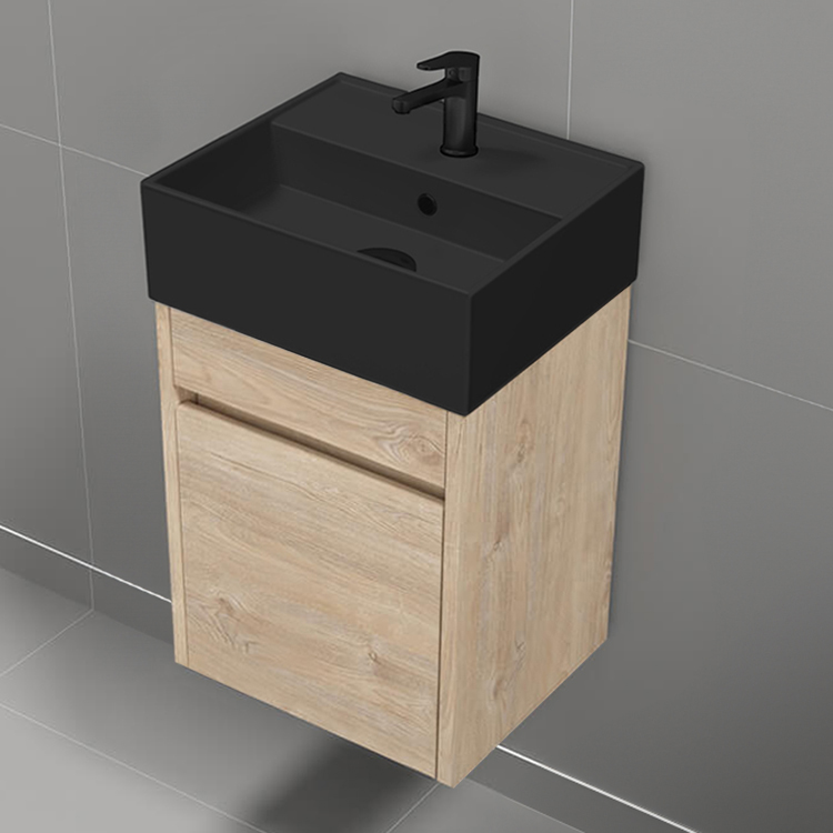 Nameeks MINI24 16 Inch Small Floating Bathroom Vanity, Narrow Depth, Black Ceramic Sink Top, 1 Door, Brown Oak