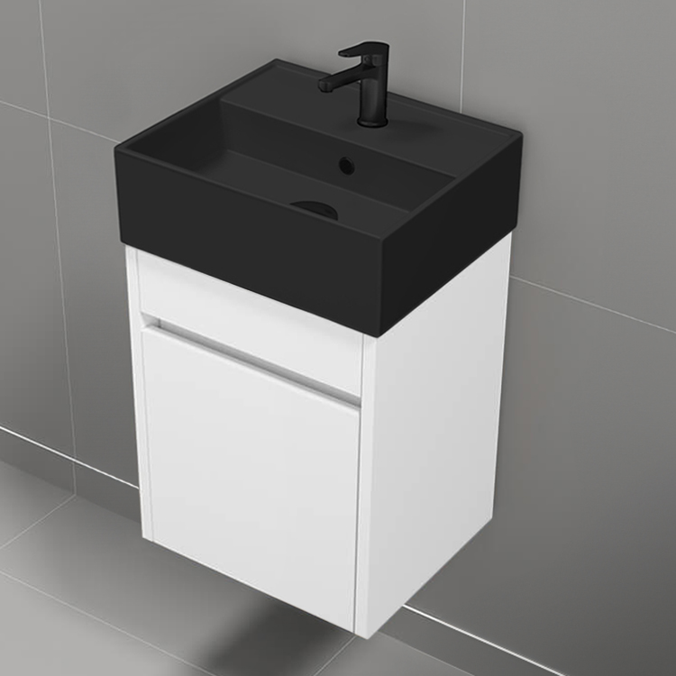 Nameeks MINI25 16 Inch Small Floating Bathroom Vanity, Narrow Depth, Black Ceramic Sink Top, 1 Door, Glossy White