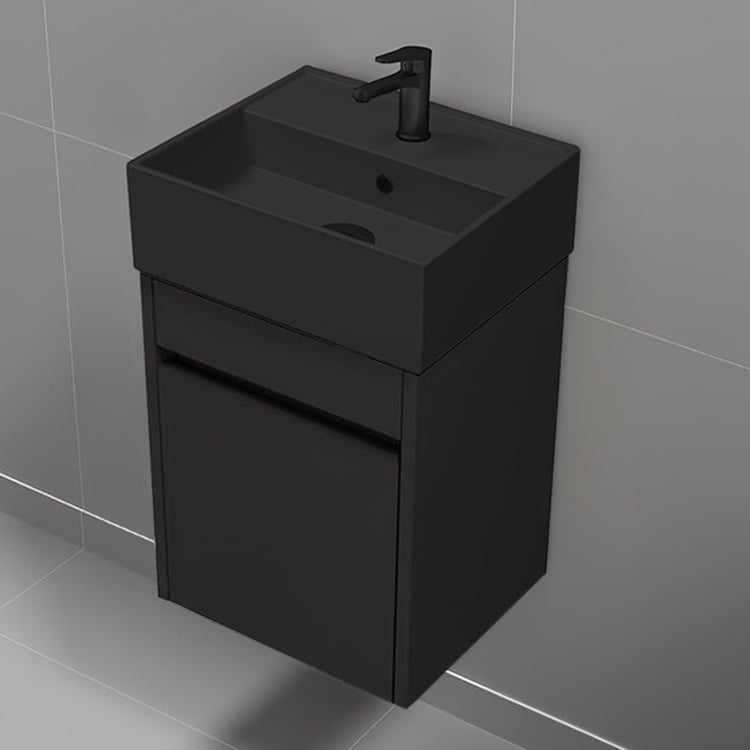 Nameeks MINI26 16 Inch Small Matte Black Floating Bathroom Vanity, Narrow Depth, Black Ceramic Sink Top, 1 Door