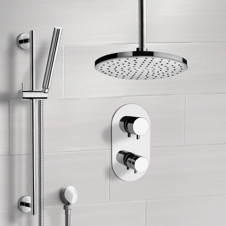 Chrome Thermostatic Shower System with 8 Inch Rain Ceiling Shower Head and  Hand Shower