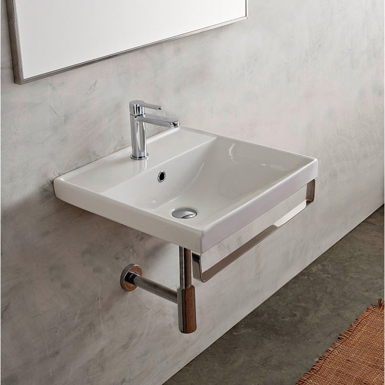 Scarabeo 3001-TB-One Hole Square Wall Mounted Ceramic Sink With Polished Chrome Towel Bar