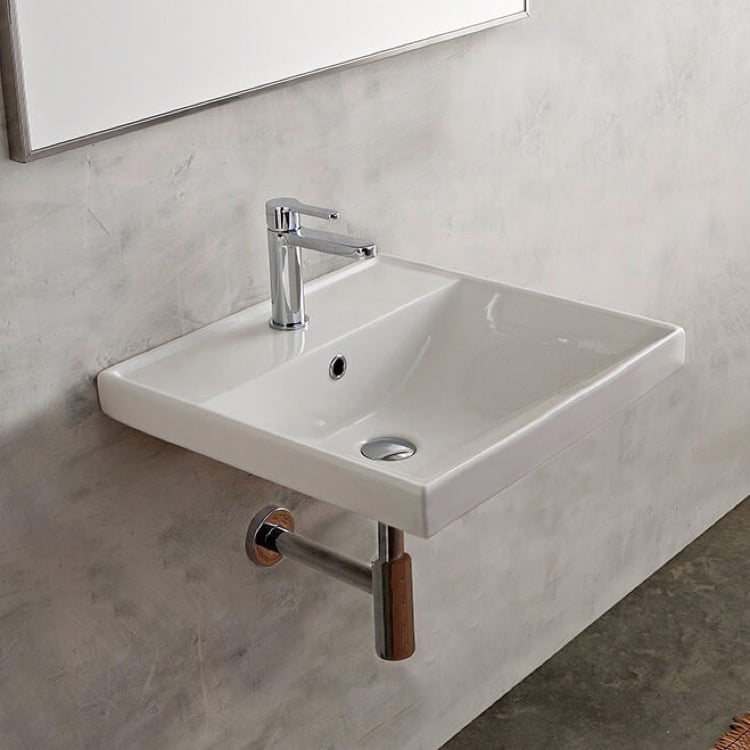 Scarabeo 3004-One Hole Rectangular White Ceramic Wall Mounted or Drop In Bathroom Sink