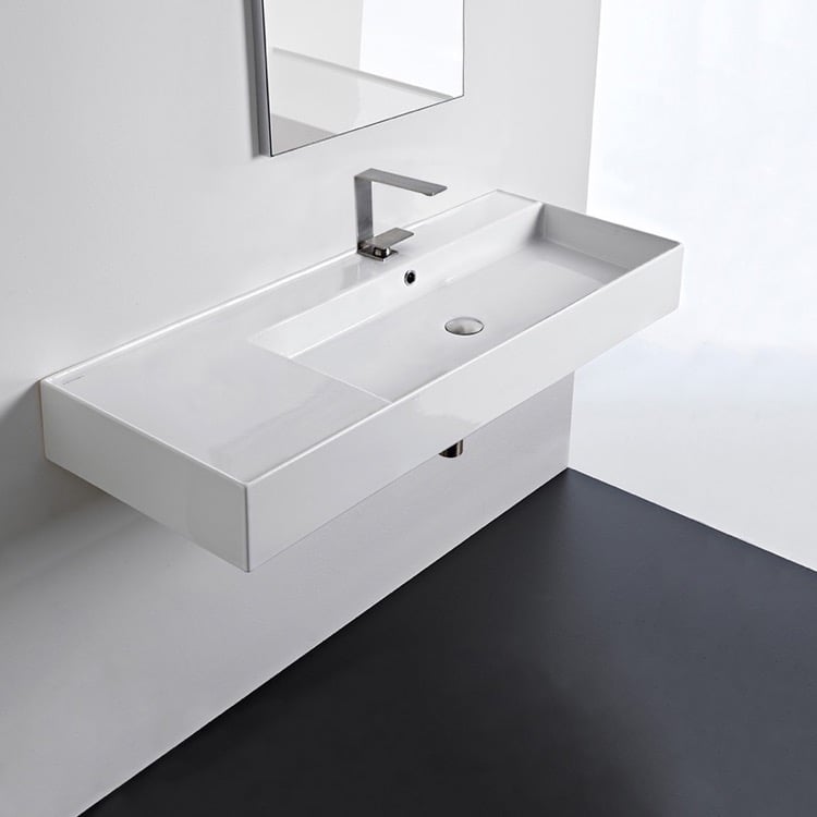Scarabeo 5122-One Hole Rectangular Ceramic Wall Mounted or Vessel Sink With Counter Space