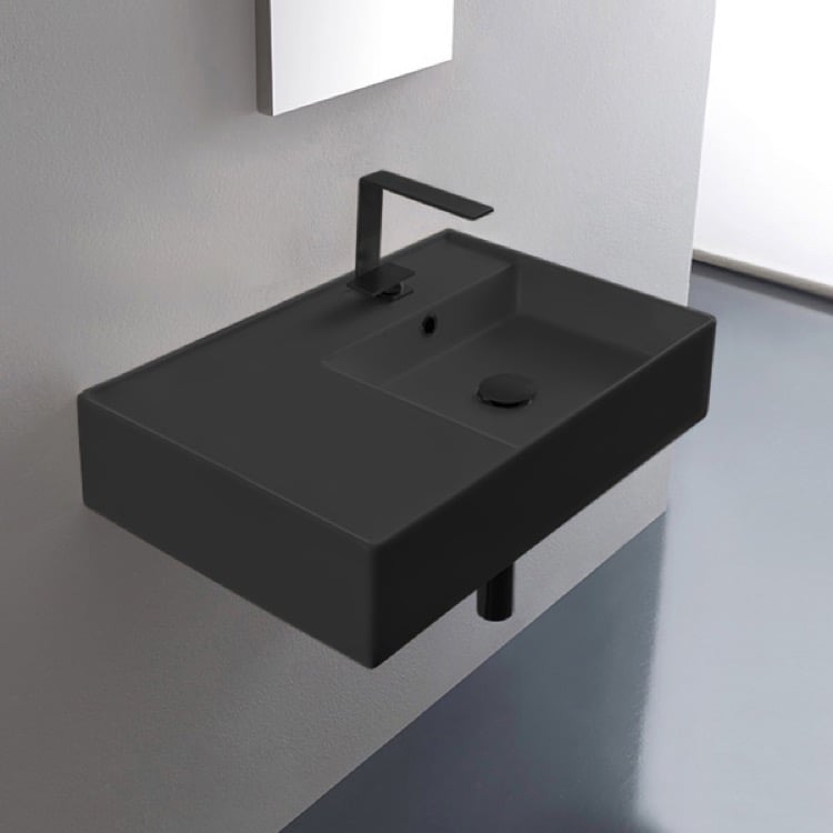 Scarabeo 5117-49 Matte Black Ceramic Wall Mounted or Vessel Sink With Counter Space