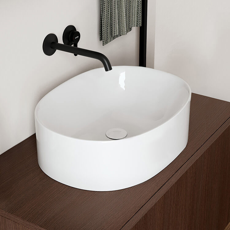 Scarabeo 5408-No Hole Oval Shaped White Ceramic Vessel Bathroom Sink