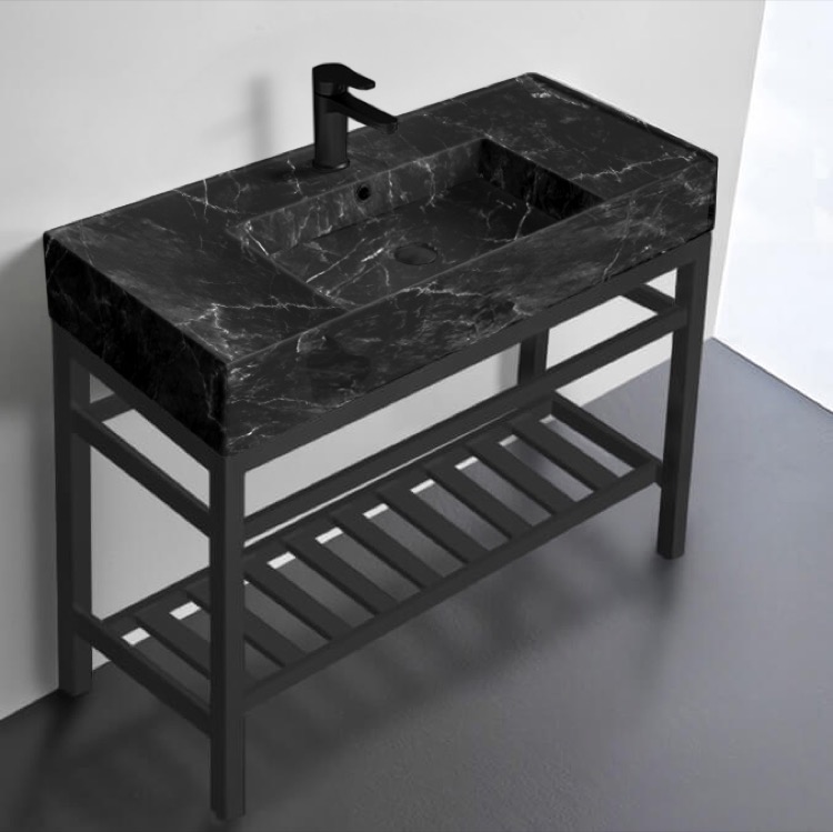 Scarabeo 5124-G-CON2-BLK Modern Black Marble Design Ceramic Console Sink and Black Marble Design Base, 40 Inch