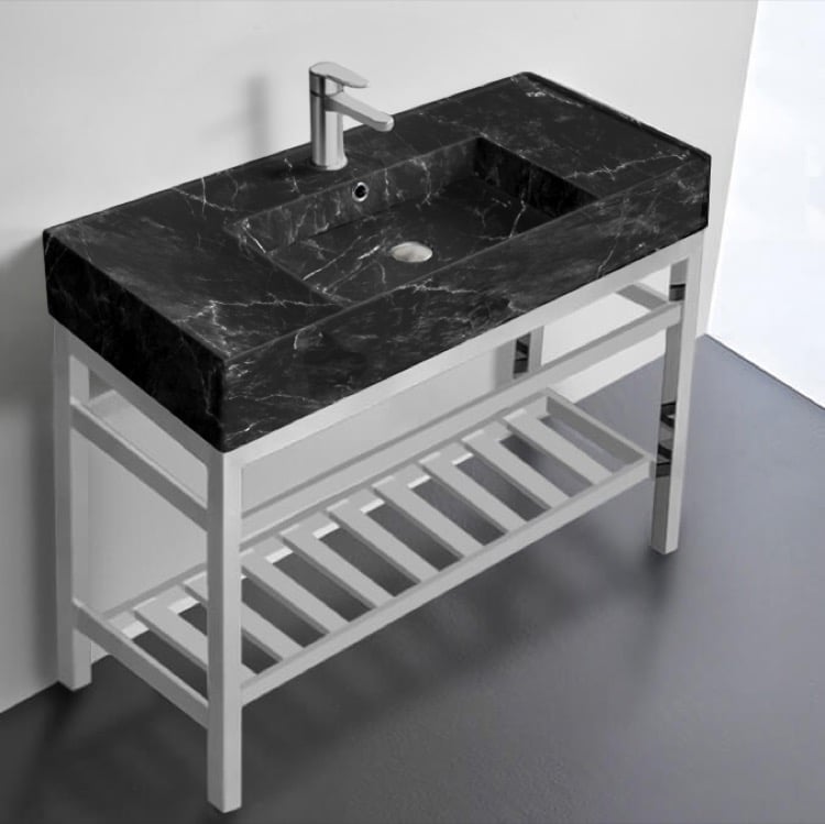 Scarabeo 5124-G-CON2 Black Marble Style Console Sink Vanity, Polished Chrome Metal Stand, 40 Inch